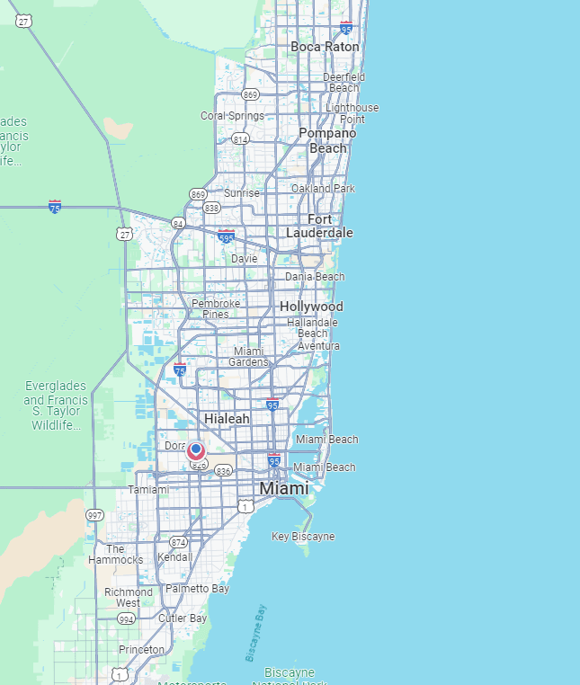 Map of our plumbing service area in Miami Dade
